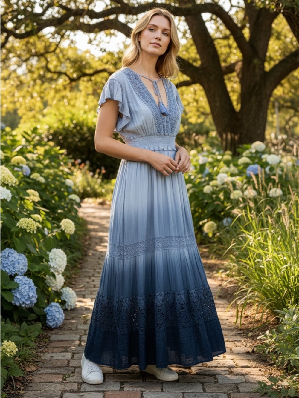 New Raga Ombre Maxi Dress Women's Size S Rare Sample Blues Lace Eyelet Tassels